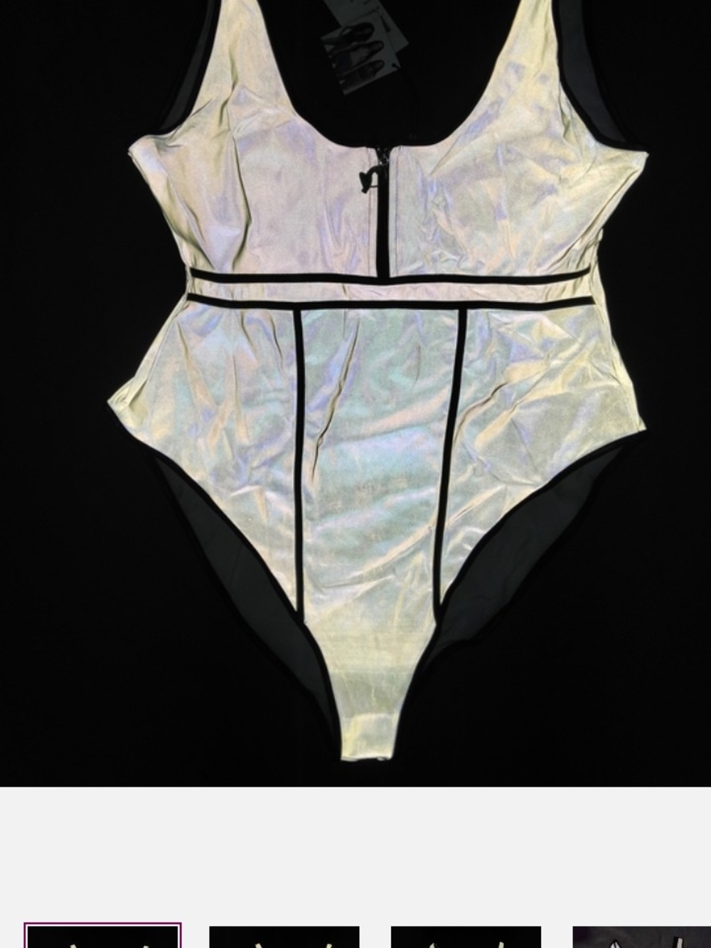 Baby Phat Iridescent Reflective Bodysuit with Black Trim - Silver Holographic